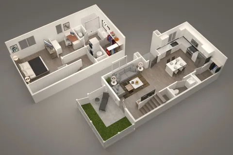 Ascend 1 bed 1.5 bath floorplan image 3D New pet-friendly apartment homes for rent with private fenced backyards in Arizona, Texas, Florida, and North Carolina with pool, pickleball, dog park, gym, clubhouse and gated community. *No breed or weight restrictions. Yardly