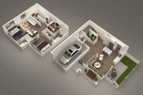 Evolve 2 bed 2.5 bath floorplan image 3D New pet-friendly apartment homes for rent with private fenced backyards in Arizona, Texas, Florida, and North Carolina with pool, pickleball, dog park, gym, clubhouse and gated community. *No breed or weight restrictions. Yardly
