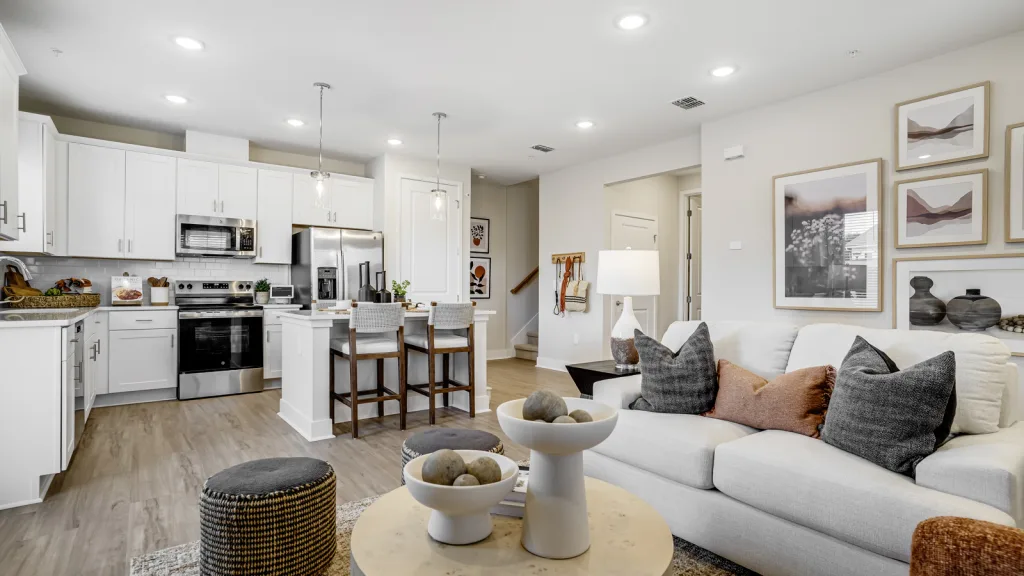 Yardly Evolve 2 Bed 2.5 Bath Apartment with Backyard- Living Room and Kitchen New pet-friendly apartment homes for rent with private fenced backyards in Arizona, Texas, Florida, and North Carolina with pool, pickleball, dog park, gym, clubhouse and gated community. *No breed or weight restrictions. Yardly